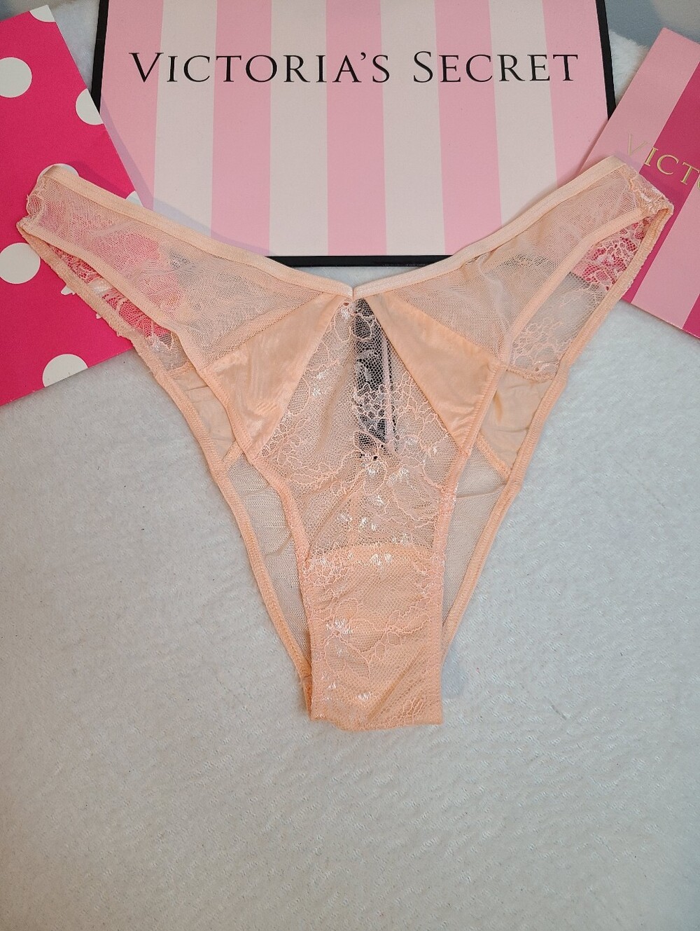 Retired VS Sexy Sheer Satin Lace High Cut Cheeky Bikini Panty Size M Peach